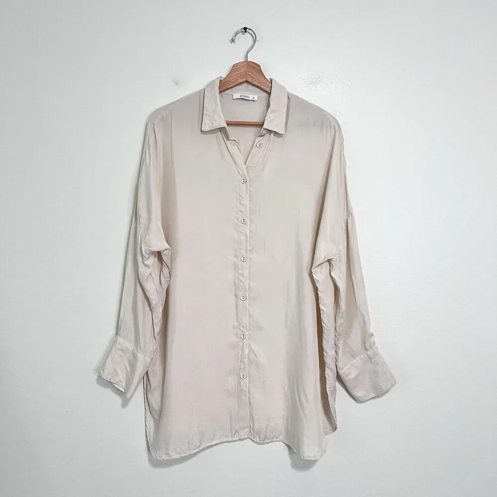 Dissh Oversized Satin Like Button Up Shirt Cream AU 12 US 8 Cupro Blend Neutral - Picture 2 of 12